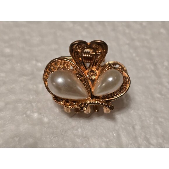 Vintage Gold-Tone Hair Claw Clip Faux Pearl Embellishments & Intricate Filigree - Picture 2 of 5